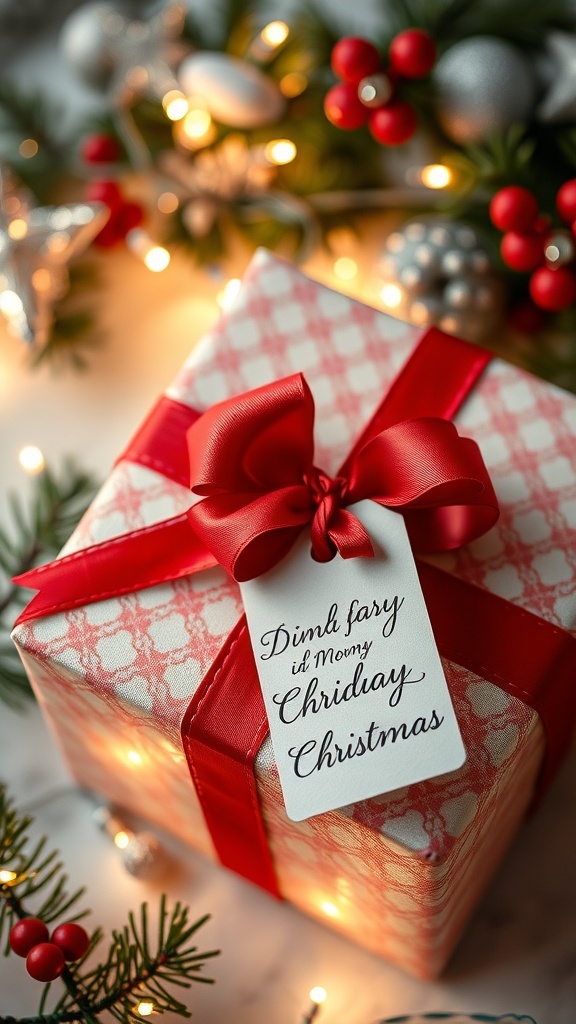 A wrapped Christmas gift with a red bow and a handwritten note, surrounded by holiday decorations.